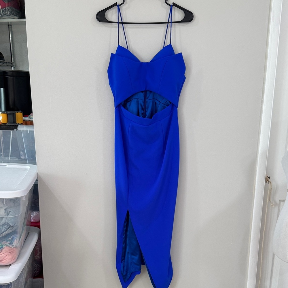 Sheike Savannah Cobalt Blue Spaghetti Strap Midi Dress with Front Cutout - Picture 3 of 8